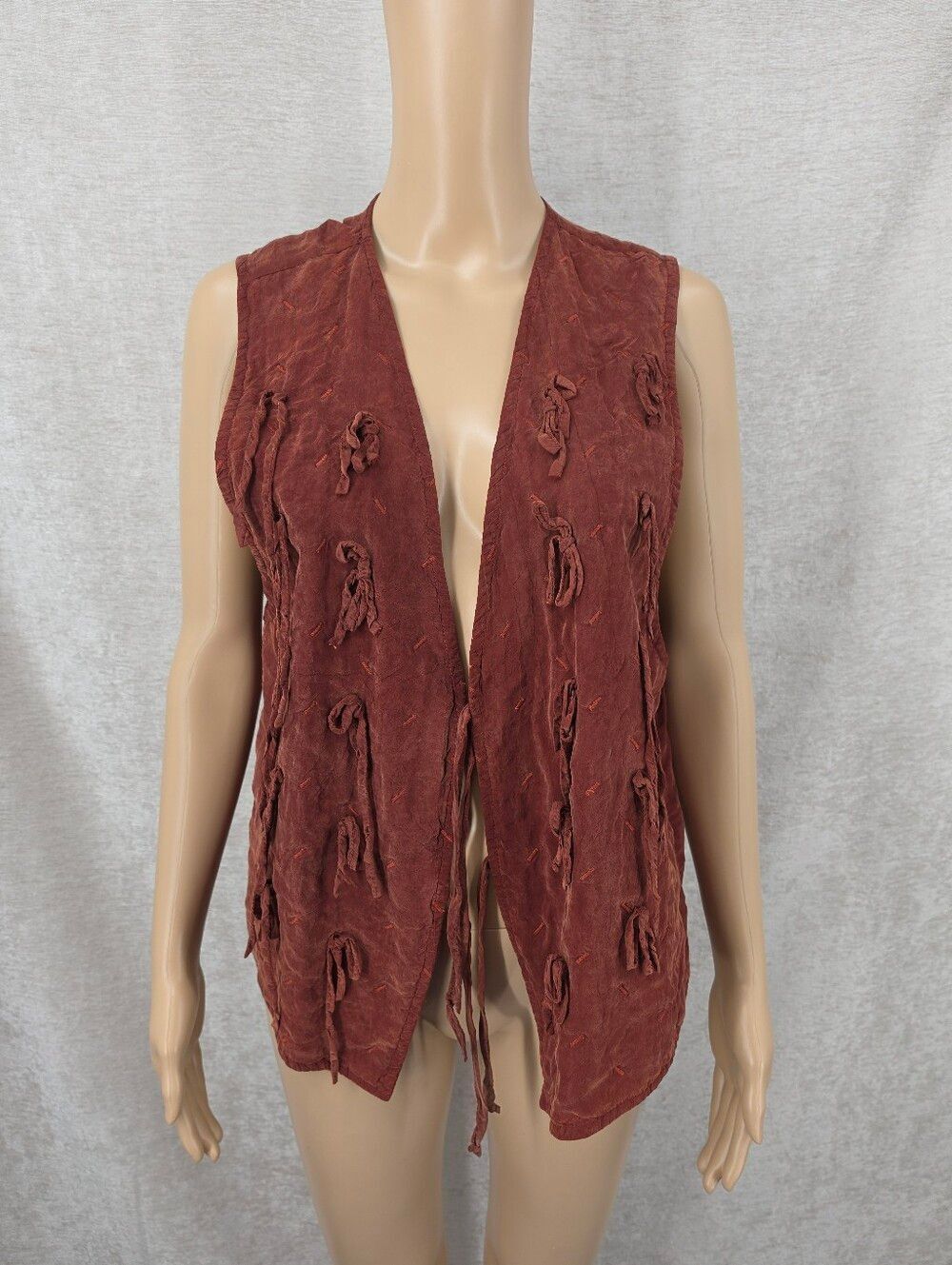 Vintage Fringe Tassel Rust Red Tie Front Vest Boho Western